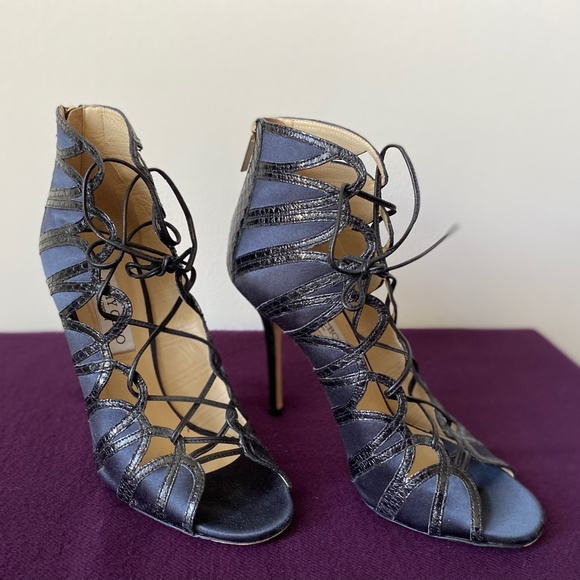 Jimmy Choo  Satin/Snakeskin  Navy  Lace up  sandals - Picture 1 of 8